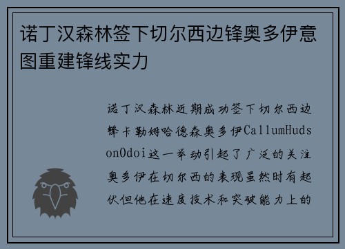 诺丁汉森林签下切尔西边锋奥多伊意图重建锋线实力